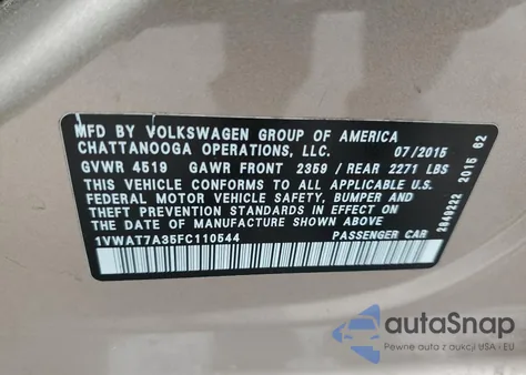 2015 Volkswagen Passat S из США, поврежденный, VIN 1VWAT7A35FC110544